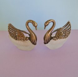 Swan Salt Cellar Lipstick Holders Pair, Silver Plate Crystal