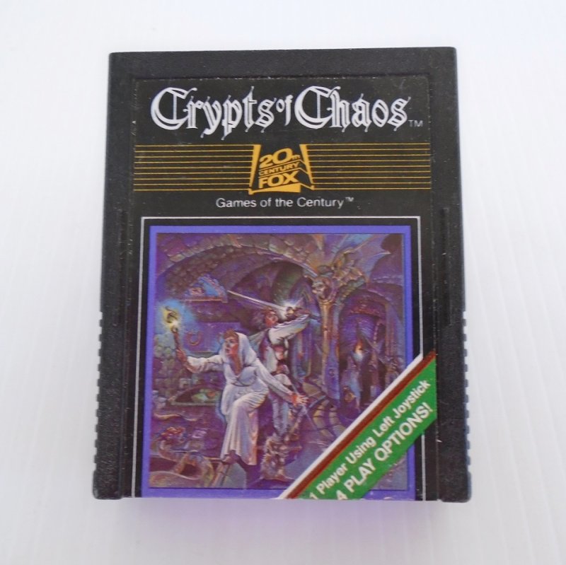 Atari 2600 game cartridge titled Crypts of Chaos. Produced by 20th Century Fox. Dated 1982.