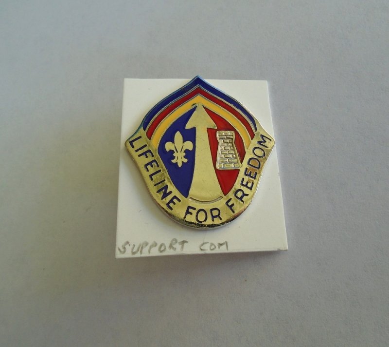 Insignia DUI pin for U.S. Army Support Command. Two pins available with different marks on the back. Worn on uniforms.
