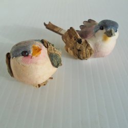 Pair of Handmade Chickadee Birds, Crushed Felt, Wood, 2 inch