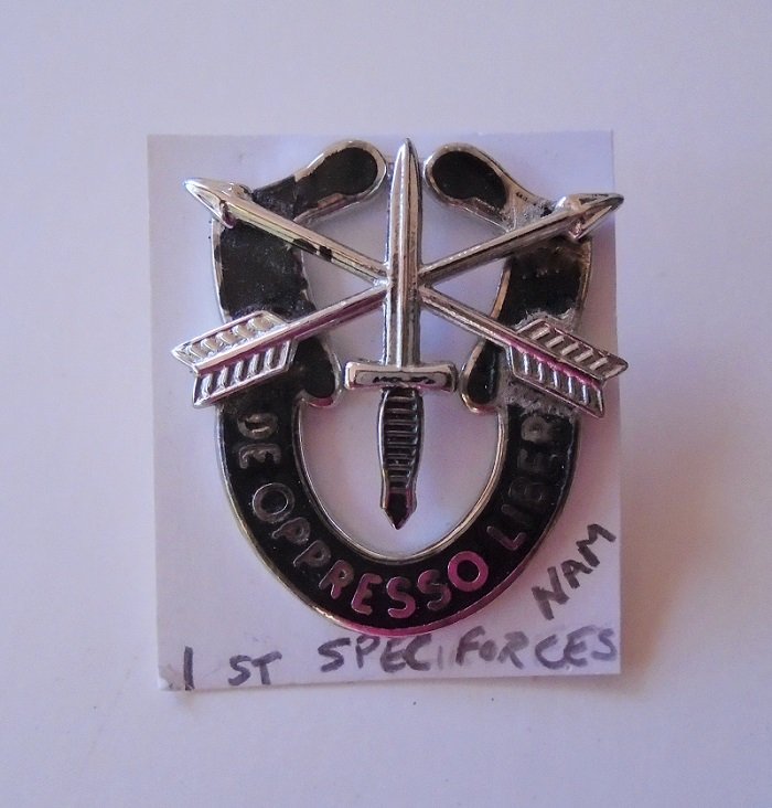 U.S. Army 1st Special Forces Green Berets Vietnam era insignia pin, Silver and blue enamel. De Oppresso Liber. Estate find.