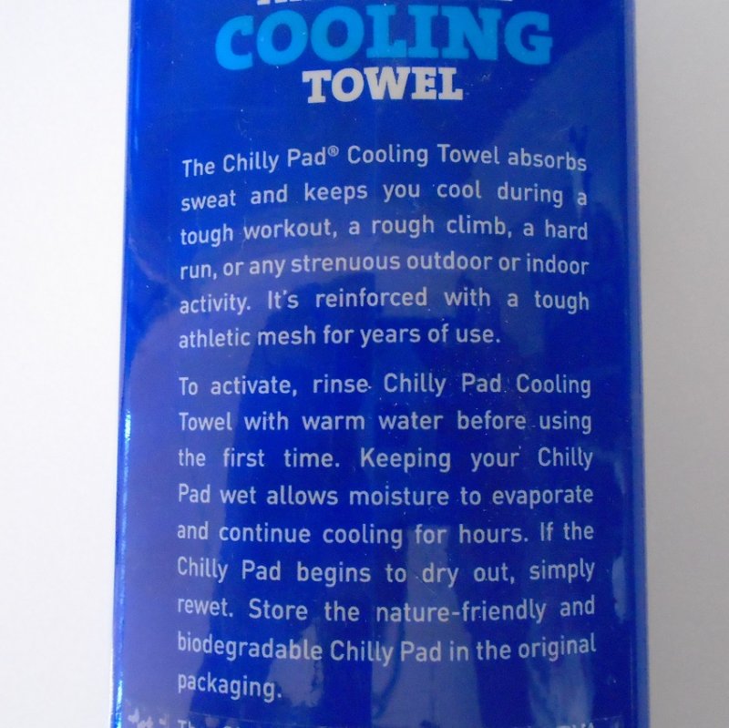 Chilly Pad Body Cooling Towel from Frogg Toggs. New, never opened. 33 by 13 inches. Latex free. Machine or hand wash.