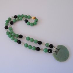 Jadeite Jade Necklace, Large Etched Jade Disk, Jade Beads