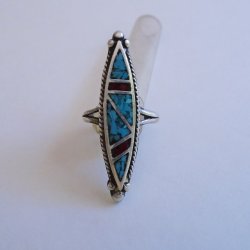 Vintage Turquoise Coral Sterl Native American Ring, sz 4-4.5