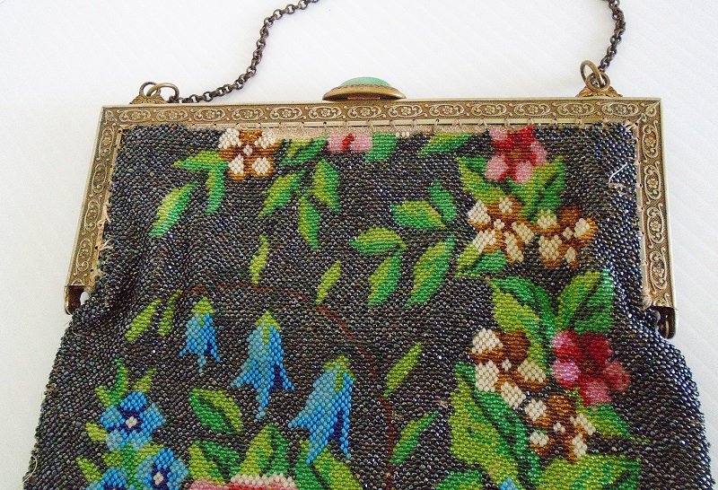 Antique Floral Steel Beaded Purse, Red Roses, circa 1910s