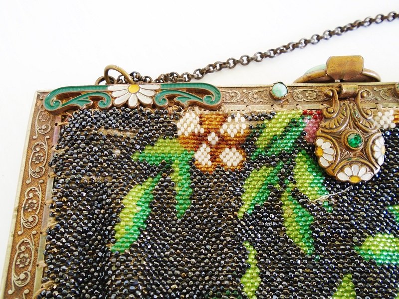 Circa 1910s Antique Floral Steel Beaded Purse. Roses, flowers, beads. Fringed. Most likely made in France.
