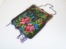 Antique Floral Steel Beaded Purse, Red Roses, circa 1910s