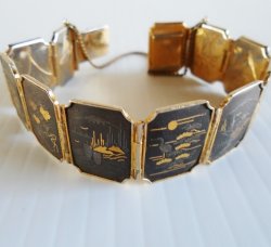 Damascene Link Bracelet, 11 Panels, Birds Flowers Buildings