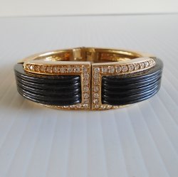 Rhinestone, Black Bakelite Gold Tone Clamper Bracelet, 1940s