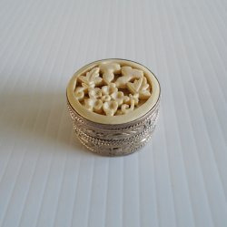 Vintage 800 Silver Pill Box, Ivory Colored Carved Floral Top