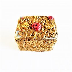 Paper Mache Gold Color Pill Box w/ Pink Roses, c1950s