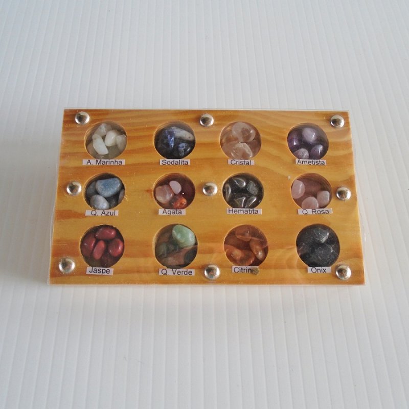 Gemstone display with 12 different polished specimens. Multi amounts of each type. From Brazil. Marked Caixa Colecao.