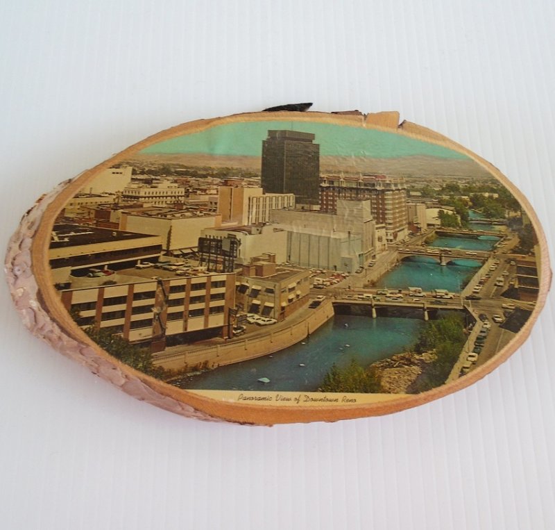 Reno Nevada 1950s - 1960s downtown aerial photo on tree trunk slice.  Estate purchase. 