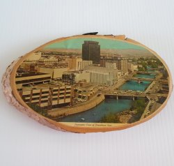 Vintage Reno Nevada 1960s Aerial Photo on Tree Slice Plaque