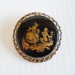 Courting Couple Brooch Colonial Attire, Goldtone Black 1960s