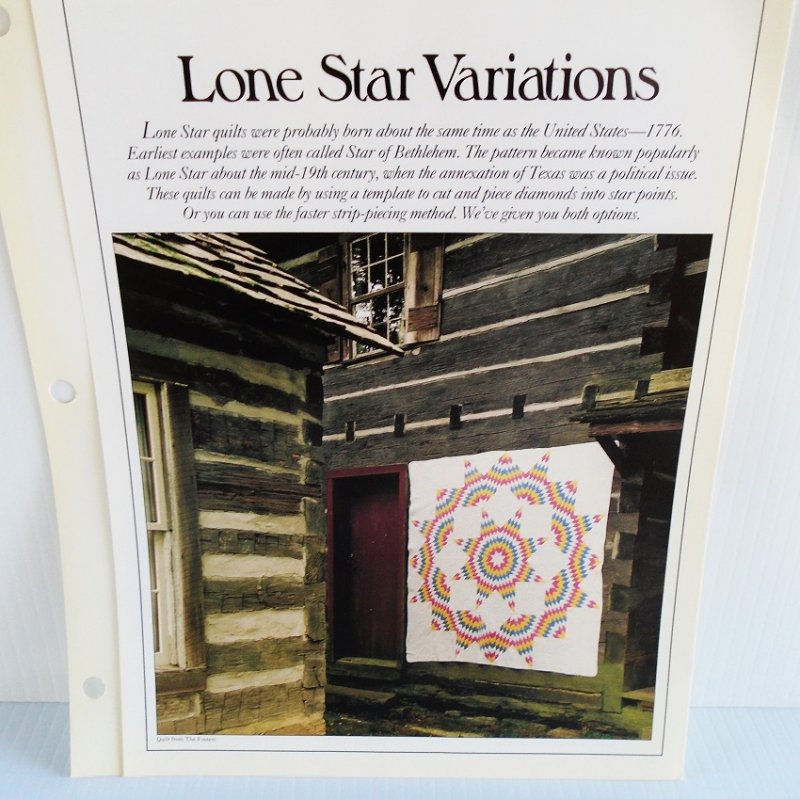 Quilting pattern and actual size template to make the quilt Lone Star Variations. With info on sizes, colors, how many pieces to make, placement, etc