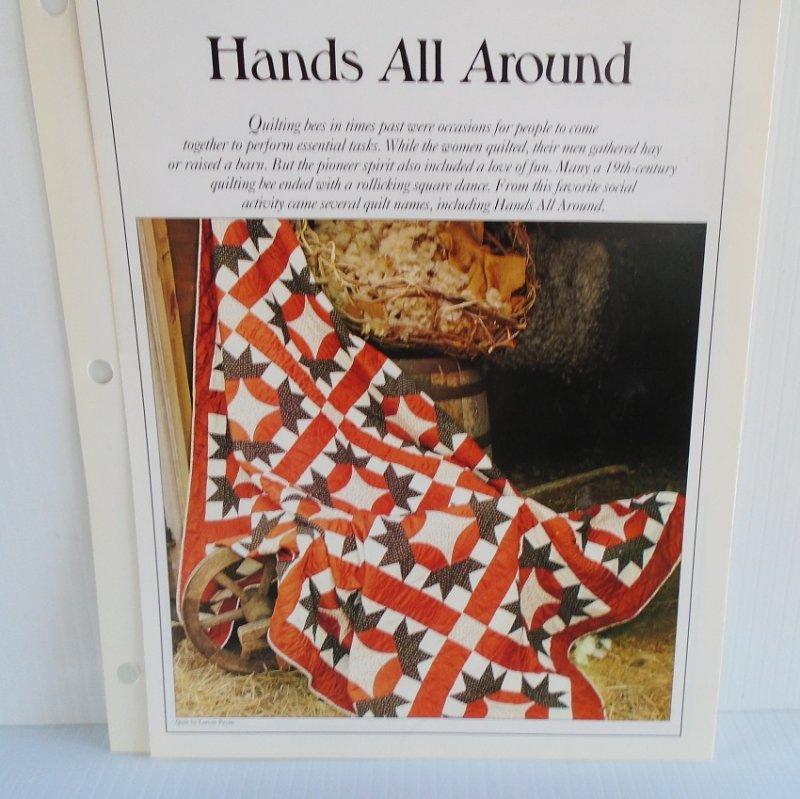 Quilting pattern and actual size template to make the quilt 'Hands All Around'. With info on sizes, colors, how many pieces to make, placement, etc