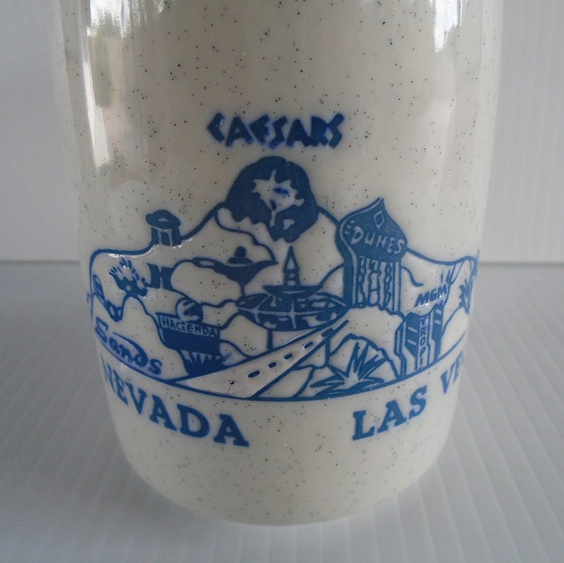 Las Vegas casinos stoneware mug. Features closed casinos Dunes, Sands, Hacienda, and several others. Pre 1993. Never used, displayed only. Estate purchase.