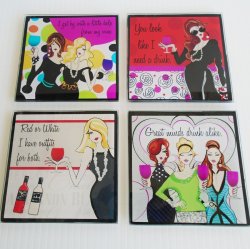 Women and Wine, Humorous Bar Coasters, Set of 4