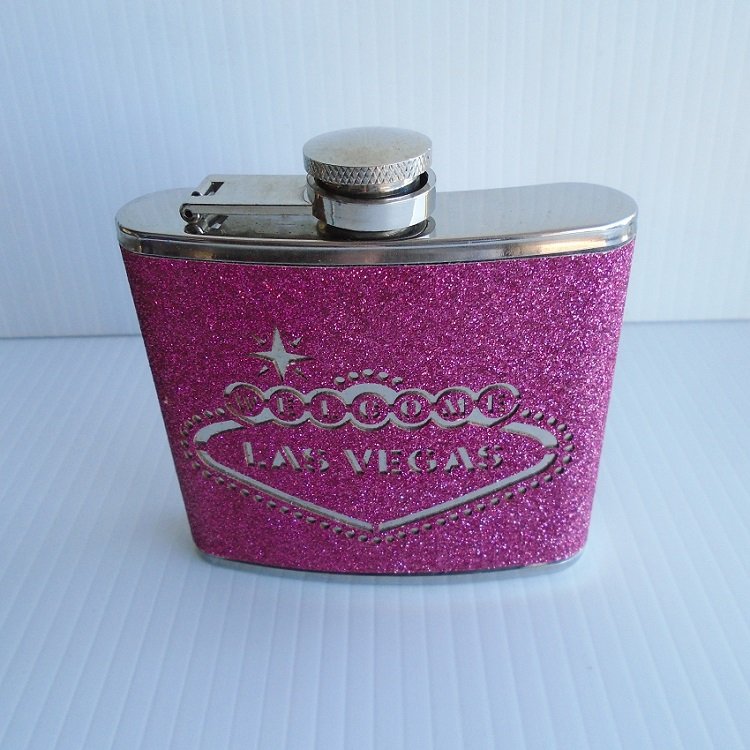 Welcome to Las Vegas hot pink glittery flask. 5 oz. Never opened or used. Estate purchase.
