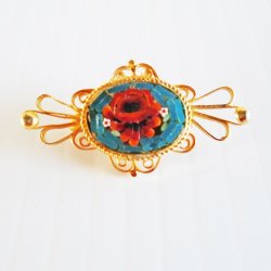 Mosaic Rose Pin Brooch, Italy, Early 1900s Antique