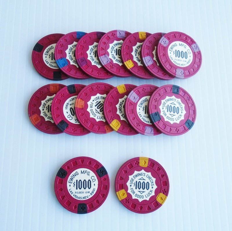 Poker chips, quantity of 15. Each marked at $1000 Ewing Mfg. Co. Las Vegas Nevada. Unknown age. Estate find. 