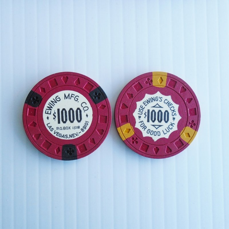 Poker chips, quantity of 15. Each marked at $1000 Ewing Mfg. Co. Las Vegas Nevada. Unknown age. Estate find. 