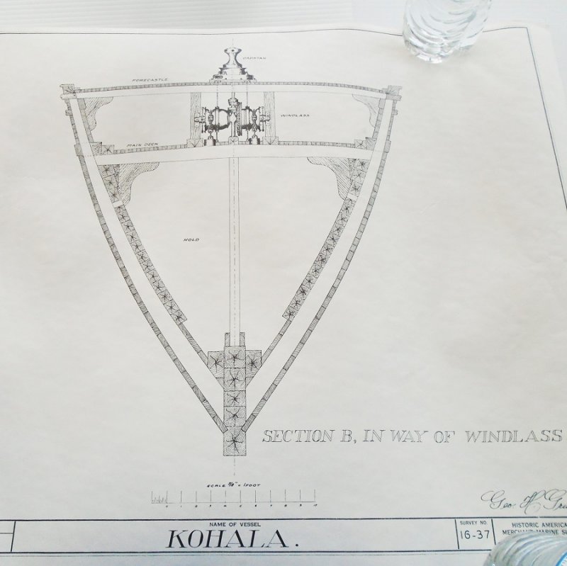 Barkentine Kohala model plans blueprints. From Smithsonian Institute Historic American Merchant Marine Survey (HAMMS). 6 double sided sheets, 12 plans