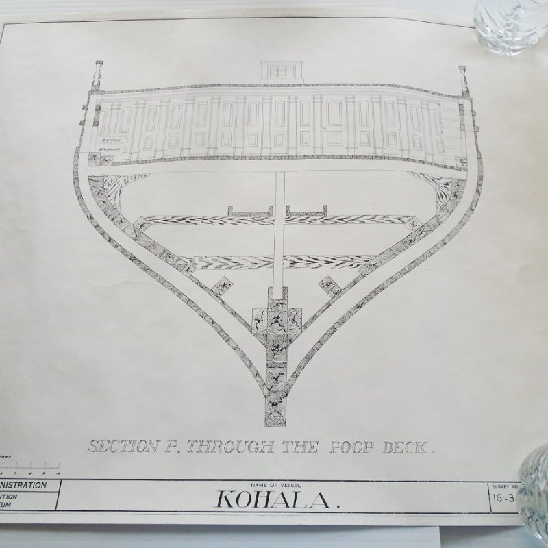 Barkentine Kohala model plans blueprints. From Smithsonian Institute Historic American Merchant Marine Survey (HAMMS). 6 double sided sheets, 12 plans