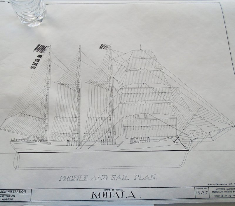 Barkentine Kohala model plans blueprints. From Smithsonian Institute Historic American Merchant Marine Survey (HAMMS). 6 double sided sheets, 12 plans