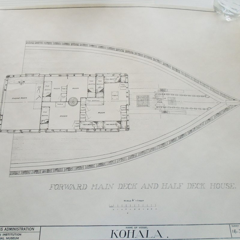 Barkentine Kohala model plans blueprints. From Smithsonian Institute Historic American Merchant Marine Survey (HAMMS). 6 double sided sheets, 12 plans