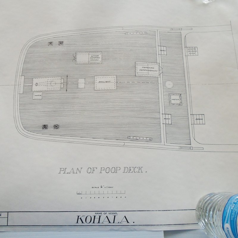 Barkentine Kohala model plans blueprints. From Smithsonian Institute Historic American Merchant Marine Survey (HAMMS). 6 double sided sheets, 12 plans