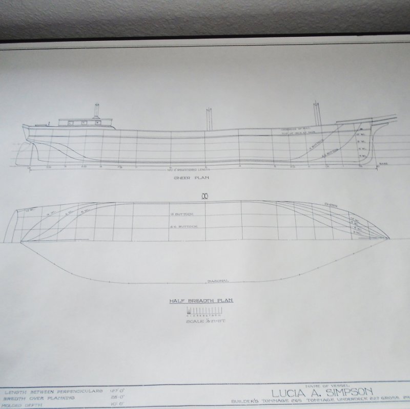 Schooner Lucia A. Simpson model plans blueprints. From Smithsonian Institute Historic American Merchant Marine Survey (HAMMS). 4 double sided sheets.