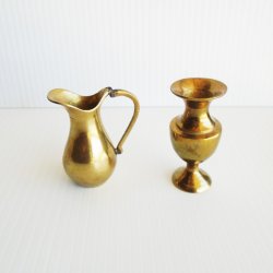 Mini Brass Pitcher and Candlestick holder, 2.5 inch, Unused