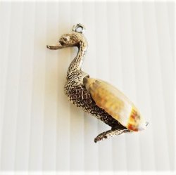 Vintage Duck Pendant, Silverplate and Sea Shell, 2.25 inch