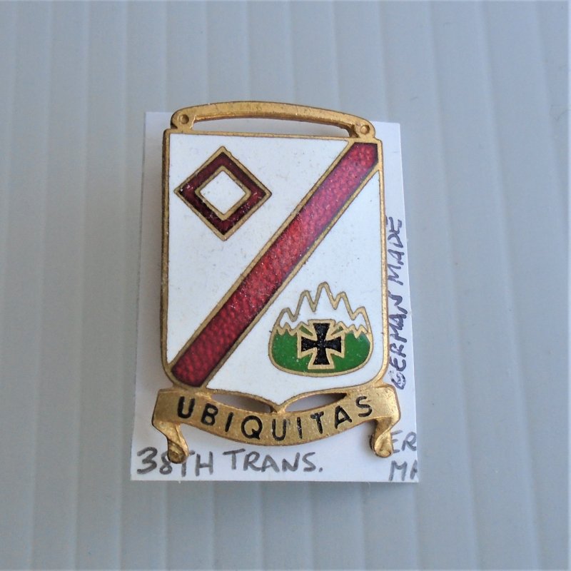 38th U.S. Army Transportation DUI Insignia Pin. Has the motto “UbiQuitas”. Made in Germany. Probable Korean War to Vietnam timeframe.