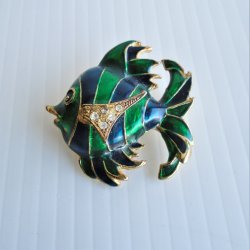 Fish Brooch Pin, Enamel, Rhinestones, Vintage, 2 inch