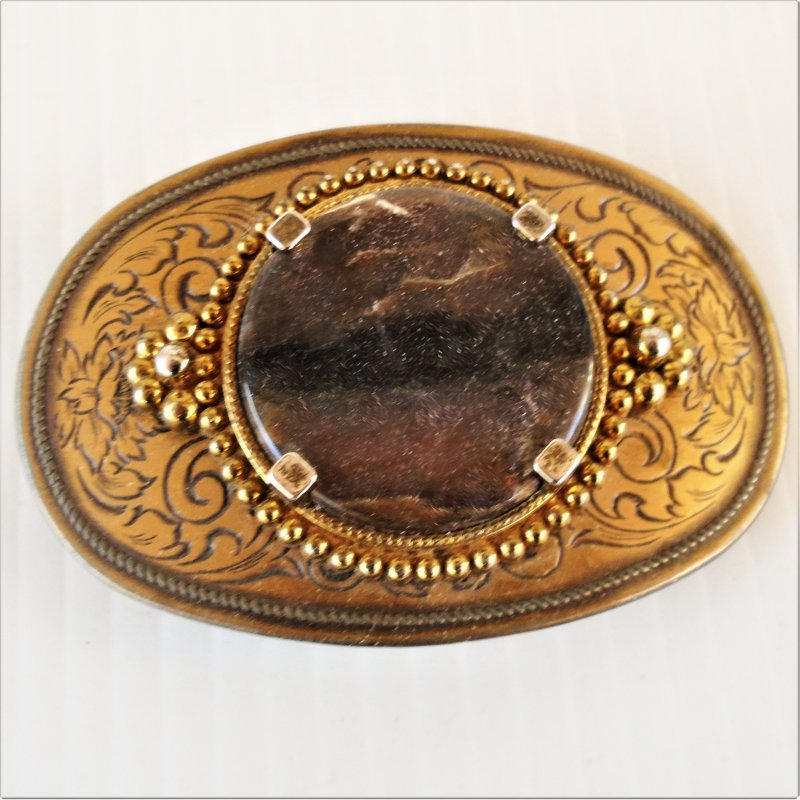 Brown Agate stone belt buckle on bronze metal. Estate sale purchase.