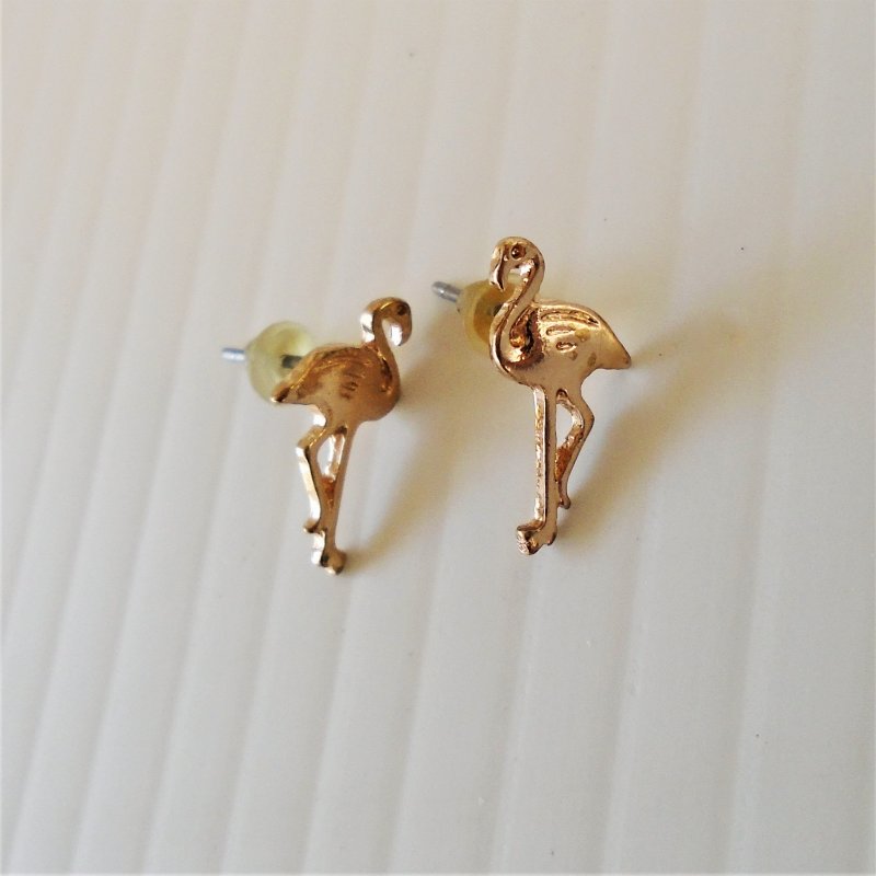 Flamingo Pierced Stud Earrings, gold in color, measuring one half inch.