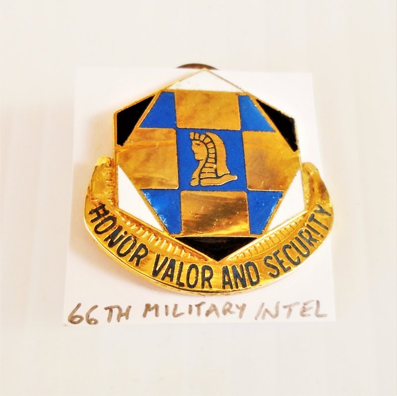 66th U.S. Army Military Intelligence DUI Insignia Pin Back with ‘Honor Valor and Security’ motto.