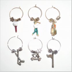 Wine Glass Charms, Golf Club Theme, Set of 6