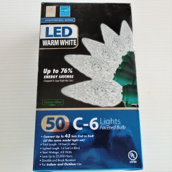 LED Warm White C-6 Christmas Lights, String of 50, NEW