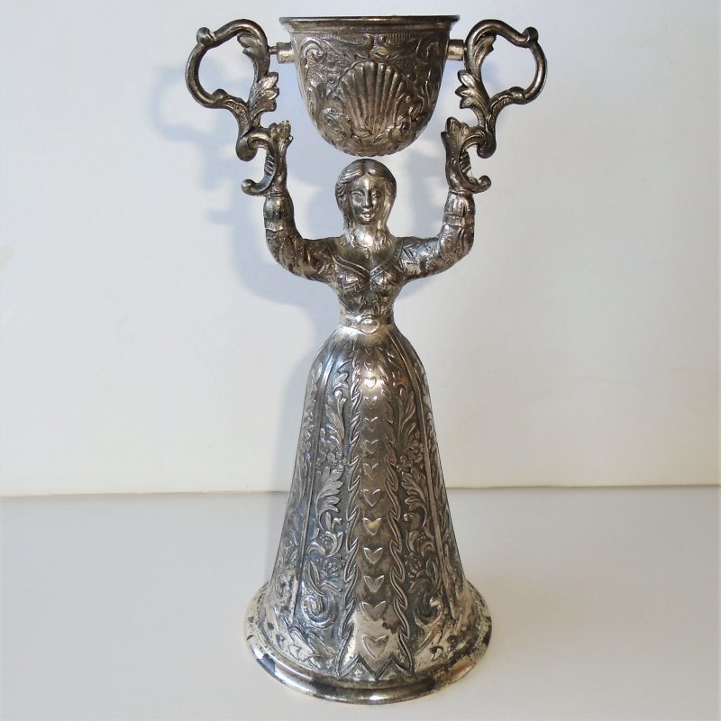 Front of Vintage German Wedding Cup. 8.5 inches tall. Silverplate. Unknown date, possibly 1930s.