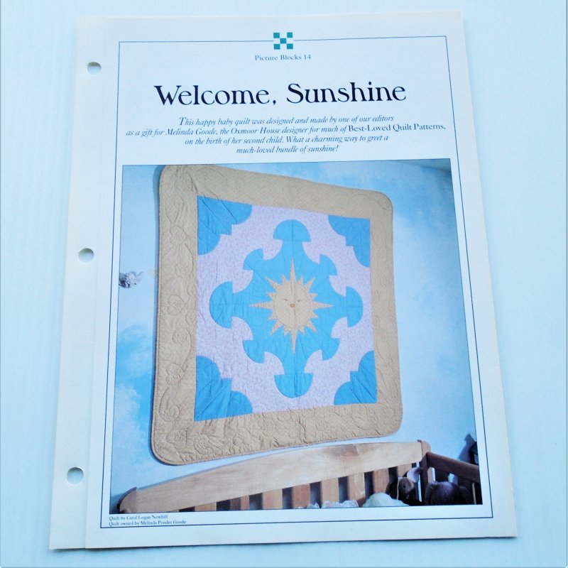 Welcome Sunshine baby quilt pattern with templates. Gives sizes and information for making a 48 by 48 inch quilt.