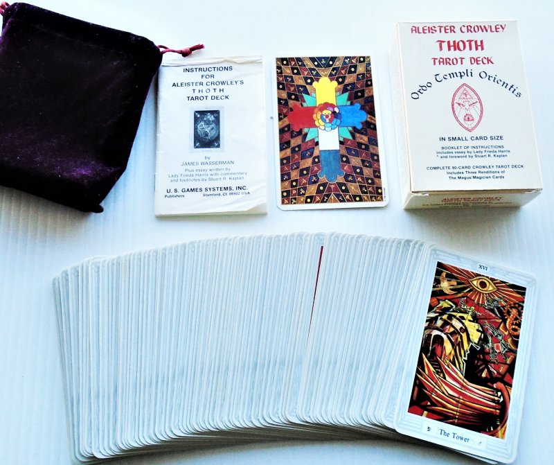 Aleister Crowley complete 1986 Thoth tarot deck. 80 card set in wonderful condition. Original box plus felt pouch.