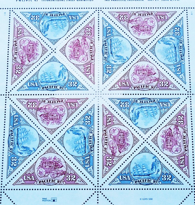 Pacific ’97 Stagecoach & Ship, USPS 4432P Stamp Sheet, 16 x .32. Sealed and in mint condition.