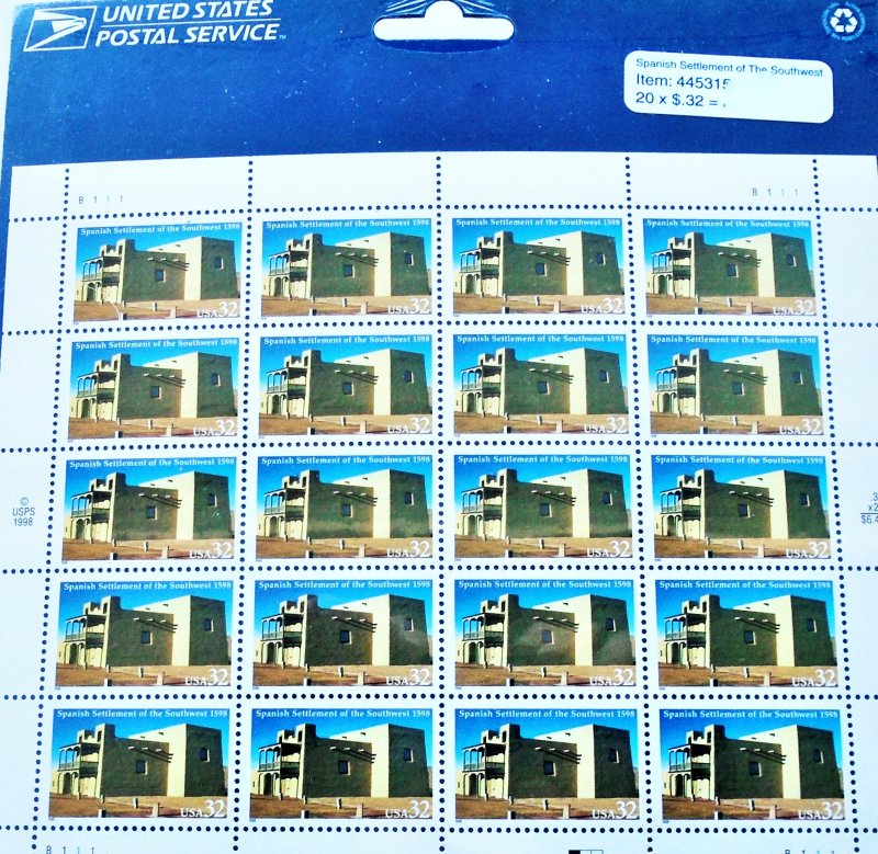 Spanish Settlement of the Southwest, USPS 445315 Stamp Sheet, 20 x .32. Sealed and in mint condition.