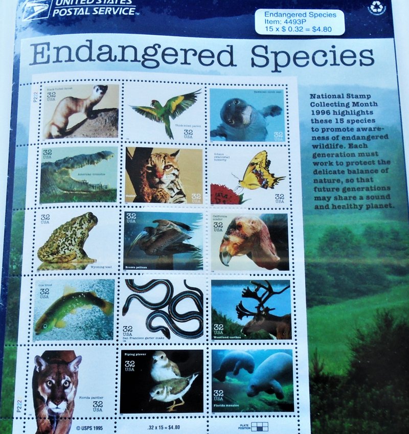 Endangered Species USPS 4493P Stamp Sheet, 20 x .32. Sealed, mint condition.