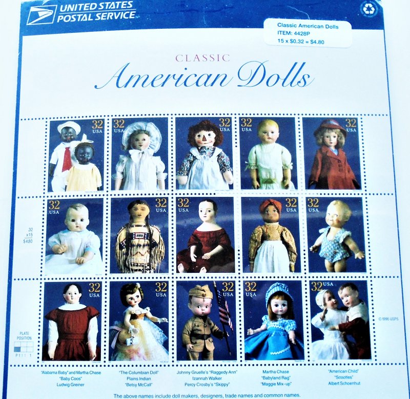 Classic American Dolls, USPS 4428P Stamp Sheet, 15 x .32. Sealed and in mint condition.