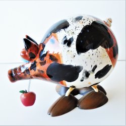 Ceramic Pig with Apple, Bobblehead Type, 6 inch long